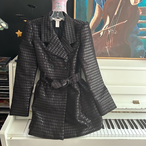 Y2K Candie's Glossy Black Houndstooth Trench Coat M - Picture 12 of 16